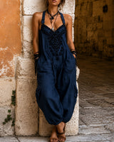 Overall Martha™ mit ornamentaler Stickerei, V-Ausschnitt und weitem Schnitt in Marineblau