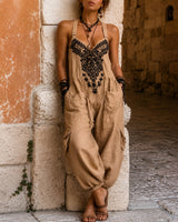 Overall Martha™ mit ornamentaler Stickerei, V-Ausschnitt und weitem Schnitt in Beige