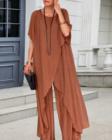 Set Annelie™ mit Asymmetrischem Longtop und Hose mit Weitem Bein in Braun