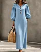 Kleid Johanna™ aus Baumwollleinen mit V-Ausschnitt und Puffärmeln in Blau