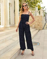 Charlotte | Weites Bein Gesmoktes Oberteil Jumpsuit in Marineblau