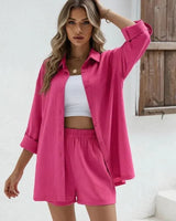 Seele™ Strukturierter Baumwoll-Zweiteiler mit Lockerem Hemd & Bequemen Shorts / Alltäglicher Komfort mit Stil! in Pink