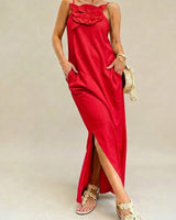 Carmela™ Elegantes Kleid mit Handgefertigter Blume in Rot
