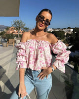 Florenze™ Bluse mit schulterfreiem Design und eleganter Blumenoptik in Rosa Mit Blumenmuster