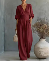 Aurore - Bequemer Jumpsuit Mit V-Ausschnitt in Burgund