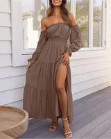 Ravienna™ Off-Shoulder Kleid Mit Eleganter Leichtigkeit in Kaffee