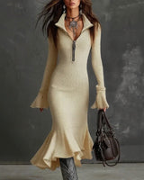 Evora Luxe™ Kleid Aus Geripptem Strick Mit Frontreißverschluss und Meerjungfrauensaum in Beige
