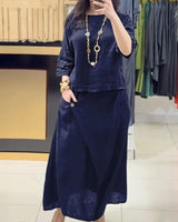 Bellarive™ Set Aus Baumwoll-Leinen Mit Weiter Bluse und Wickelrock in Dunkelblau