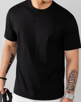 Louis™ Premium-Strick-T-Shirt mit geripptem Rundhalsausschnitt in Schwarz