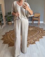 Marevielle™ Set Aus Satinartigem Stoff Mit Lockerer Bluse und Fließender Pantalonhose in Grau
