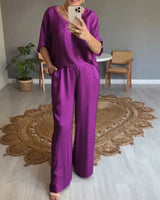 Marevielle™ Set Aus Satinartigem Stoff Mit Lockerer Bluse und Fließender Pantalonhose in Lila
