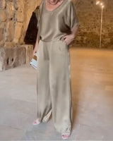 Marevielle™ Set Aus Satinartigem Stoff Mit Lockerer Bluse und Fließender Pantalonhose in Khaki