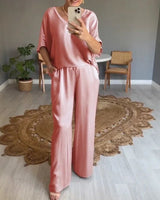 Marevielle™ Set Aus Satinartigem Stoff Mit Lockerer Bluse und Fließender Pantalonhose in Rosa