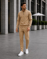 Alexander™ Set mit Stehkragen-Shirt mit Reißverschluss und Minimalistischer Hose in Khaki