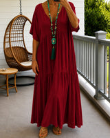 Liorenna™ Kleid aus Baumwoll-Leinen mit Lockerer Passform und V-Ausschnitt in Rot