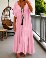 Liorenna™ Kleid aus Baumwoll-Leinen mit Lockerer Passform und V-Ausschnitt in Rosa