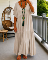 Liorenna™ Kleid aus Baumwoll-Leinen mit Lockerer Passform und V-Ausschnitt in Beige