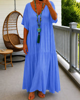 Liorenna™ Kleid aus Baumwoll-Leinen mit Lockerer Passform und V-Ausschnitt in Blau
