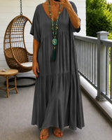 Liorenna™ Kleid aus Baumwoll-Leinen mit Lockerer Passform und V-Ausschnitt in Grau