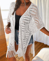 Calivie™ Cardigan Aus Lochstrick Mit Fransen Und Handwerklicher Struktur in Weiß