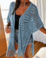 Calivie™ Cardigan Aus Lochstrick Mit Fransen Und Handwerklicher Struktur in Hellblau