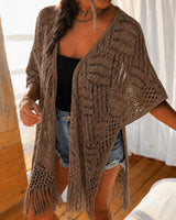 Calivie™ Cardigan Aus Lochstrick Mit Fransen Und Handwerklicher Struktur in Braun