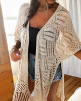 Calivie™ Cardigan Aus Lochstrick Mit Fransen Und Handwerklicher Struktur in Beige