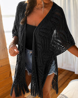 Calivie™ Cardigan Aus Lochstrick Mit Fransen Und Handwerklicher Struktur in Schwarz