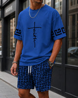 Zweiteiler Roven™ mit oversized T-Shirt und gemusterter Shorts / Moderner Streetwear-Look mit hohem Tragekomfort. in Blau
