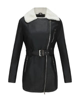Wintermantel Damen in Lederoptik mit Teddykragen in Schwarz