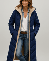 Damen lange Pufferjacke mit Kapuze in Marineblau