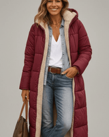 Damen lange Pufferjacke mit Kapuze in Bordeaux