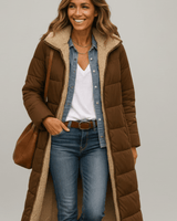 Damen lange Pufferjacke mit Kapuze in Braun
