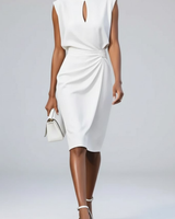 Katharina | Damen Midi-Kleid mit Schlüsselloch-Ausschnitt und Raffung in Weiß