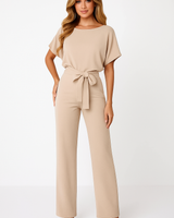 Natalie | Kurzarm Weites Bein Jumpsuit in Beige