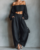 Maike | Strapless-Set aus Leinen-Mix mit weiter Hose in Schwarz