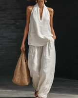Nele | V-Ausschnitt-Top & weite Hose im Leinen-Look in Weiß