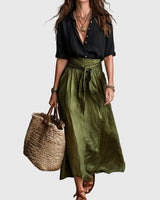 Odelia - Luxuriöses Boho-Set aus Top und Midirock in Schwarz Oliv