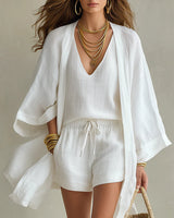 Antje | 3-teiliges Set mit Cardigan und Shorts in Weiß