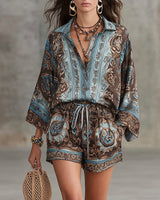 Carlotta | Hemd & Shorts-Set mit Barockdruck in Blau/Braun