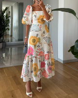 CAMILLE – ELEGANTES BLOOM PUFF-SLEEVE KLEID in Mehrfarbig