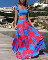 Damen Zweiteiler Bedruckt Maxi Sommerkleid in Rot