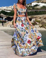 Damen Zweiteiler Bedruckt Maxi Sommerkleid in Blau