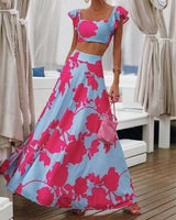Damen Zweiteiler Bedruckt Maxi Sommerkleid in Rosa