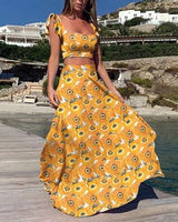 Damen Zweiteiler Bedruckt Maxi Sommerkleid in Gelb