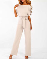 Quirina | Damen Wide Leg Jumpsuit Gürtel Kurzarm – Overall Weites Bein 2026 in Beige