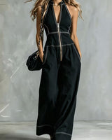 Bryana – Gestreifter Patchwork Jumpsuit in Schwarz