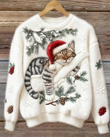 Elisabetta – Plüschpullover Mit Fauler Katze in Weiß