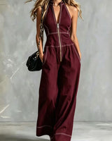 Bryana – Gestreifter Patchwork Jumpsuit in Burgund