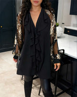 Chic Lockere Strickbluse mit Lotusblatt-Design in Schwarz